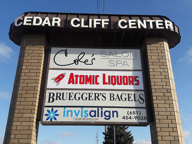 Pylon Sign  - Atomic Liquors Invisalign Bruegger Bagels Sign - Impression Signs and Graphics